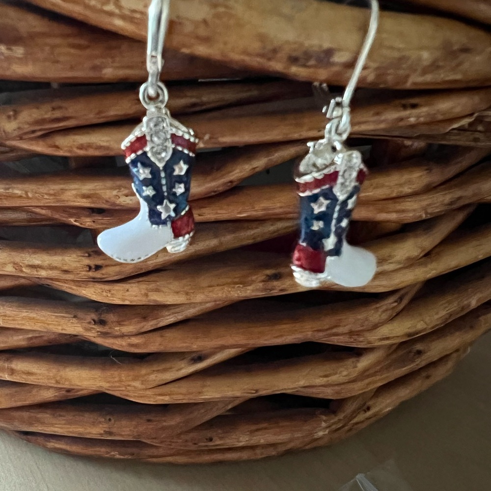 RED WHITE & BLUE Patriotic Boot Earrings wITH RHINESTONE ACCENTS